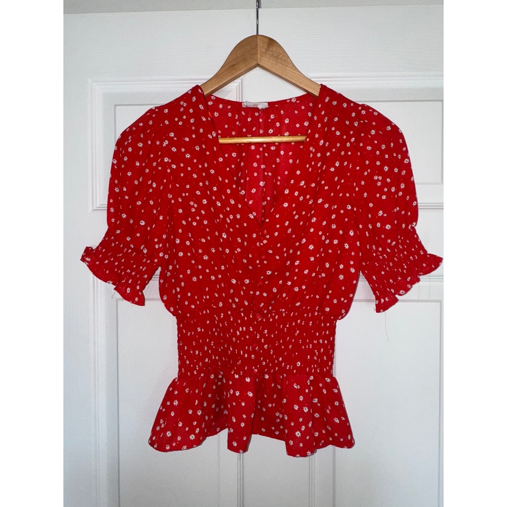 Coquette Womens XS Red Floral Smocked Peplum Top Boho Chic Beachy